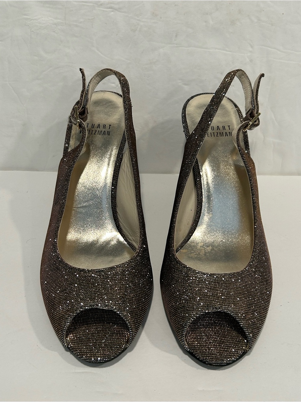 Stuart Weitzman Metallic Shimmer Glitter Peep Toe Slingback Pumps Heels Sz 7M